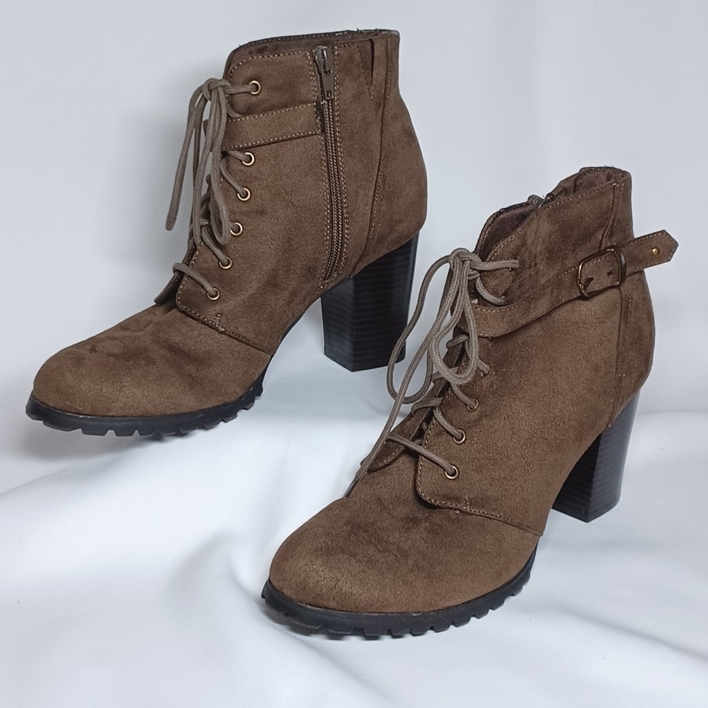 Style & Co Lace Up Booties- Chunky Heeled- Taupe- Size 9M